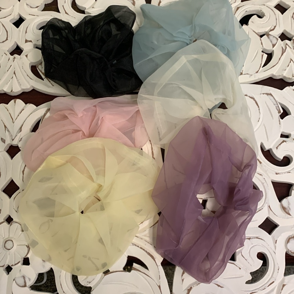 Bundle of 6 Oversized Hair Scrunchies Purple, Pink, White, Black, Blue, Yellow